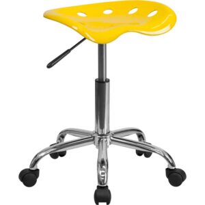 This colorful yellow modern designed stool is sure to stand out. Backless stools force your core muscles to work by sitting up straight and keeping your feet flat on the floor. The molded tractor seat offers a tremendous amount of comfort and can be cleaned with a solvent and water based cleaner such as foam. Chair rotates 360 degrees to provide easy access to a greater range of area. The pneumatic adjustment lever will allow you to easily adjust the seat to your desired height. Overall the small frame design of this backless stool will make it easy to maneuver around tight spaces with ease.