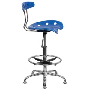 stand-up desk in your home office and the island in your kitchen then this bright blue drafting stool with tractor seat is just the ticket. The back and swivel seat are made from high-density polymer for durability and a sleek