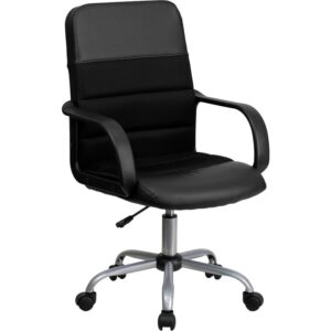 Upgrade your seating at work with this LeatherSoft and mesh upholstered office chair. The combination upholstery will complement your office whether it is downtown or you work from home. Mesh office chairs can keep you more productive throughout your work day with their comfort and ventilated design. The breathable mesh material allows air to circulate to keep you cool while sitting. LeatherSoft is leather and polyurethane for added softness and durability. A mid-back office chair offers support to the mid-to-upper back region. Chair easily swivels 360 degrees to get the maximum use of your workspace without strain. The pneumatic adjustment lever will allow you to easily adjust the seat to your desired height.