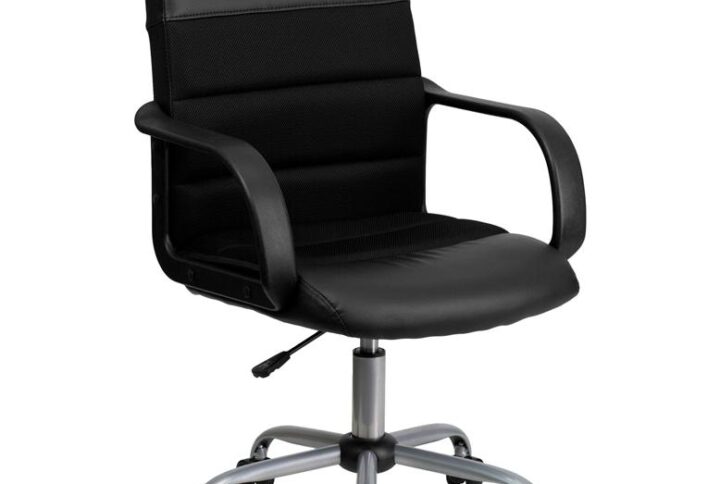 Upgrade your seating at work with this LeatherSoft and mesh upholstered office chair. The combination upholstery will complement your office whether it is downtown or you work from home. Mesh office chairs can keep you more productive throughout your work day with their comfort and ventilated design. The breathable mesh material allows air to circulate to keep you cool while sitting. LeatherSoft is leather and polyurethane for added softness and durability. A mid-back office chair offers support to the mid-to-upper back region. Chair easily swivels 360 degrees to get the maximum use of your workspace without strain. The pneumatic adjustment lever will allow you to easily adjust the seat to your desired height.
