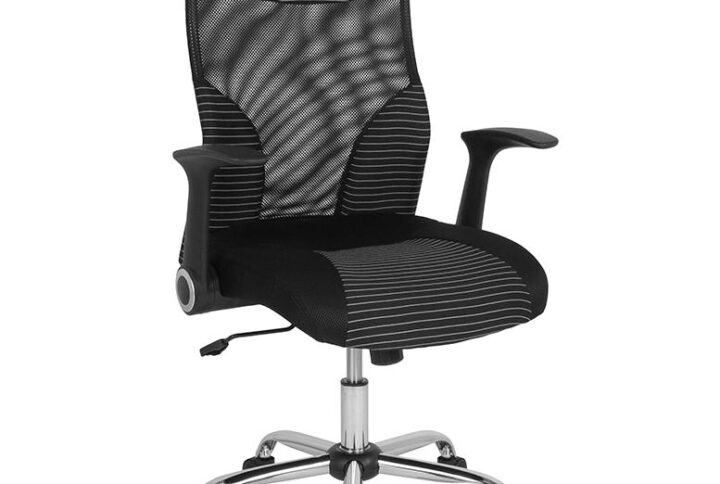 Enjoy all the comforts with this contemporary high back mesh office chair. A slim designer back paired with horizontal lines throughout the upholstery are truly captivating. The contoured backrest allows your back to rest comfortably
