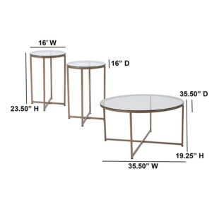 which offers a design that can mix in any room. The circular shape adds a refreshing design. The clear glass top provides a dramatic appearance. Slim iron frames and X-shaped base stretchers are bathed in a glam gold finish. Keep this set looking great with a water-based cleaner. The round coffee table and its two matching end tables are each topped with tempered glass that lends a spacious feel to your living room.