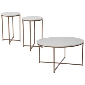 Step outside the box with this designer looking coffee and end table set that offers a modern take on a classic design. The solid white laminate table tops are accented by a matte gold frame with a cross brace design. Although highlighted by a bold white color