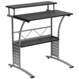 The Clifton Computer Desk is an efficient and secure workstation that fits well in small spaces. The generous desk surface is made from black laminate with a raised top shelf for your monitor and a lower bottom shelf for your hard-drive and other supplies. The desk has a modern silver
