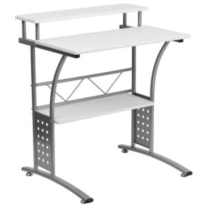 The Clifton Computer Desk is an efficient and secure workstation that fits well in small spaces. The generous desk surface is made from white laminate with a raised top shelf for your monitor and a lower bottom shelf for your hard-drive and other supplies. The desk has a modern silver