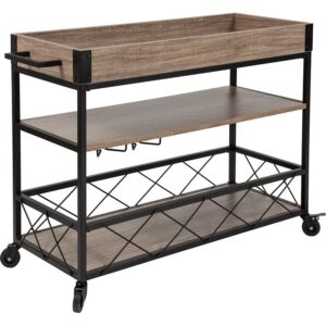 When you require immaculate style and taste for every gathering this mobile kitchen and bar cart is up to the task. This delightful centerpiece has a top shelf with a border to prevent items from sliding off while being moved. There's a stemware rack located underneath the second shelf for easy retrieval. The bottom rack has a gorgeous cross brace design where you can store your wine bottles. The open shelf designed utility cart adds an open air to your space