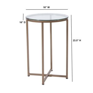 polished look with this round clear glass end table with matte gold metal legs.. This table combines a clear glass top with straight legs to provide a contemporary look that's sure to tie any trendy room's presentation together. The surface area serves as a convenient space for holding belongings or displaying magazines