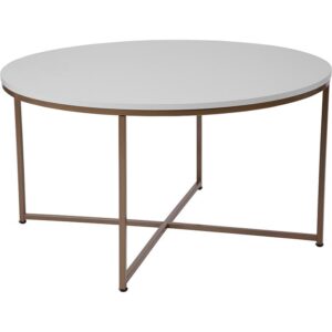 Step outside the box with this designer looking coffee table that offers a modern take on a classic design. The solid white laminate table top is accented by a matte gold frame with a cross brace design. Although highlighted by a bold white color