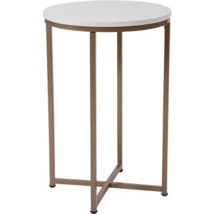 Step outside the box with this designer looking end table that offers a modern take on a classic design. The solid white laminate table top is accented by a matte gold frame with a cross brace design. Although highlighted by a bold white color