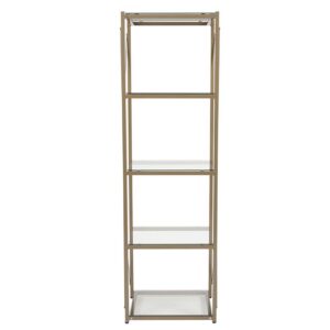 and photos on this stylish shelving unit. Clear tempered glass shelves will brighten up your space. The designer cross frame enhances the beauty with a matte gold powder coated frame finish. This versatile piece can be used anywhere in the home to meet all your display needs. Adjustable floor glides help keep this bookshelf level and protect floors as well.