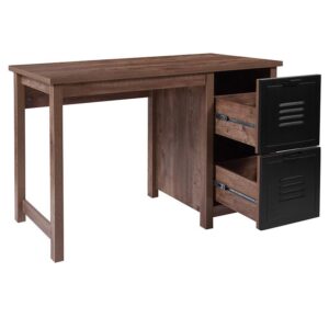 this computer desk is the perfect complement to your mid century or industrial space. You'll get plenty of work done on this rustic contemporary Crosscut Oak Wood Grain Finish Computer Desk with Metal Drawers. The desk is finished in a rich wood grain finish and has contrasting black metal doors. Two box drawers offer a convenient place to store important documents that you need to keep within reach while working. Pair with a LeatherSoft office chair with wood backing or an all LeatherSoft executive chair for a sophisticated and inviting home office space.