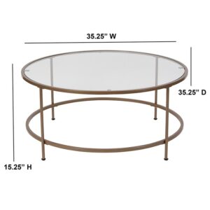 polished look with this round clear glass coffee table with matte gold metal legs. This table combines a clear glass top with straight legs to provide a contemporary look that's sure to tie any trendy room's presentation together. Not only does its ample surface area serve as a convenient space for holding belongings