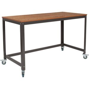Get the most out of your busy day with the uncluttered design of this computer table and desk on wheels. The industrial-style writing table has locking metal wheels and a slightly textured wood grain finished surface. The desk has an open base for a spacious feel. Dark gray powder coated legs accentuate the style and four locking casters keep the unit in place while in use. Get the creative juices flowing on this computer table and top it off with a sleek-looking laptop and other personal effects.