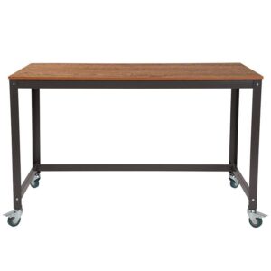 Get the most out of your busy day with the uncluttered design of this computer table and desk on wheels. The industrial-style writing table has locking metal wheels and a slightly textured wood grain finished surface. The desk has an open base for a spacious feel. Dark gray powder coated legs accentuate the style and four locking casters keep the unit in place while in use. Get the creative juices flowing on this computer table and top it off with a sleek-looking laptop and other personal effects.