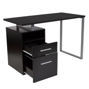 this dark ash wood grain finish computer desk with two drawers and silver metal frame is the perfect complement to your home or office space. This pedestal desk features a 'floating desktop' accentuated by a silver powder coated frame while two box drawers offer a convenient place to store important documents that you need to keep within reach while working. Pair with a LeatherSoft office chair with wood backing or an all LeatherSoft executive chair for a sophisticated and inviting home office space. Top with an arm desk lamp