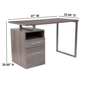 this light ash wood grain finish computer desk with two drawers and silver metal frame is the perfect complement to your home or office space. This pedestal desk features a 'floating desktop' accentuated by a silver powder coated frame while two box drawers offer a convenient place to store important documents that you need to keep within reach while working. Pair with a LeatherSoft office chair with wood backing or an all LeatherSoft executive chair for a sophisticated and inviting home office space. Top with an arm desk lamp