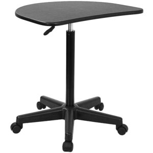 half-moon shaped desktop that's height adjustable to allow you to use it while sitting down or standing up. Raise and lower the desktop using the pneumatic frame height adjustment lever. The heavy-duty