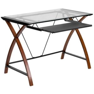 The contemporary design of this computer desk gives you a compact work space where you can use your computer and still have plenty of room for your paperwork and family photos. It features a clear tempered glass surface