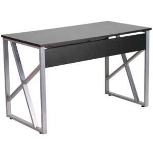 black computer desk is an attractive work space where you can use your computer and still have plenty of room for your writing materials and desktop accessories. The contemporary design features a rectangular black laminate top