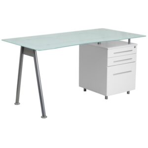 This stylish computer desk combines glass and white wood for a contemporary look. The desk features a beveled desktop made from frosted tempered glass and an accenting silver powder coated frame. A white