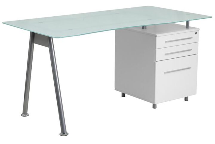 This stylish computer desk combines glass and white wood for a contemporary look. The desk features a beveled desktop made from frosted tempered glass and an accenting silver powder coated frame. A white