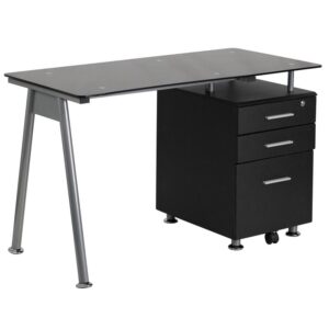 Sleek black tempered glass offers a distinctly different look for your home or office. This spacious glass desk has an architectural appeal with its sawhorse leg design in metal. This desk provides a great option for the home office or your workspace at your office. The combination of glass and black wood shows off a sleek appeal that will complement any contemporary work space. The desk features a beveled desktop made from black tempered glass and an accenting silver powder coated frame. A black