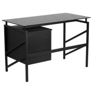 two drawer pedestal computer desk. This desk is highlighted by a tempered black glass top that offers ample space to place your monitor