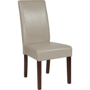 The classic design of this beige LeatherSoft upholstered parsons chair makes it a versatile seating option for your home. Sleek lined panel stitching and a mahogany frame finish make them beautiful while high density foam padding and solid hardwood frame construction make them comfortable and durable. LeatherSoft is leather and polyurethane for added softness and durability. Parsons chairs are versatile and can be used not only in the dining room and kitchen but also as a reading chair or extra seating in the living room. The armless design gives the illusion of space which makes them great for small spaces. Skirted chair covers can be used to soften their lines for living rooms and bedrooms. A parsons chair can be both formal or casual and are designed to go with almost any decor.