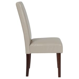 The classic design of this beige LeatherSoft upholstered parsons chair makes it a versatile seating option for your home. Sleek lined panel stitching and a mahogany frame finish make them beautiful while high density foam padding and solid hardwood frame construction make them comfortable and durable. LeatherSoft is leather and polyurethane for added softness and durability. Parsons chairs are versatile and can be used not only in the dining room and kitchen but also as a reading chair or extra seating in the living room. The armless design gives the illusion of space which makes them great for small spaces. Skirted chair covers can be used to soften their lines for living rooms and bedrooms. A parsons chair can be both formal or casual and are designed to go with almost any decor.