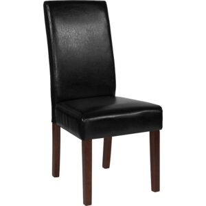 The classic design of this black LeatherSoft upholstered parsons chair makes it a versatile seating option for your home. Sleek lined panel stitching and a mahogany frame finish make them beautiful while high density foam padding and solid hardwood frame construction make them comfortable and durable. LeatherSoft is leather and polyurethane for added softness and durability. Parsons chairs are versatile and can be used not only in the dining room and kitchen but also as a reading chair or extra seating in the living room. The armless design gives the illusion of space which makes them great for small spaces. Skirted chair covers can be used to soften their lines for living rooms and bedrooms. A parsons chair can be both formal or casual and are designed to go with almost any decor.