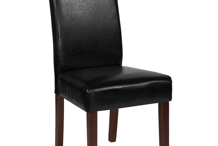 The classic design of this black LeatherSoft upholstered parsons chair makes it a versatile seating option for your home. Sleek lined panel stitching and a mahogany frame finish make them beautiful while high density foam padding and solid hardwood frame construction make them comfortable and durable. LeatherSoft is leather and polyurethane for added softness and durability. Parsons chairs are versatile and can be used not only in the dining room and kitchen but also as a reading chair or extra seating in the living room. The armless design gives the illusion of space which makes them great for small spaces. Skirted chair covers can be used to soften their lines for living rooms and bedrooms. A parsons chair can be both formal or casual and are designed to go with almost any decor.