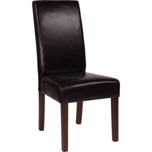 The classic design of this brown LeatherSoft upholstered parsons chair makes it a versatile seating option for your home. Sleek lined panel stitching and a mahogany frame finish make them beautiful while high density foam padding and solid hardwood frame construction make them comfortable and durable. LeatherSoft is leather and polyurethane for added softness and durability. Parsons chairs are versatile and can be used not only in the dining room and kitchen but also as a reading chair or extra seating in the living room. The armless design gives the illusion of space which makes them great for small spaces. Skirted chair covers can be used to soften their lines for living rooms and bedrooms. A parsons chair can be both formal or casual and are designed to go with almost any decor.