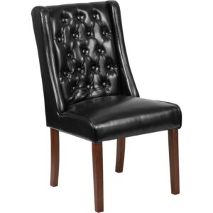 The classic design of this black LeatherSoft upholstered parsons chair makes it a versatile seating option for your home. Button tufted detailing and a mahogany frame finish make them beautiful while high density foam padding and solid hardwood frame construction make them comfortable and durable. LeatherSoft is leather and polyurethane for added softness and durability. Parsons chairs are versatile and can be used not only in the dining room and kitchen but also as a reading chair or extra seating in the living room. The armless design gives the illusion of space which makes them great for small spaces. Vacuum or brush lightly to remove soil. Skirted chair covers can be used to soften their lines for living rooms and bedrooms. A parsons chair can be both formal or casual and are designed to go with almost any decor.
