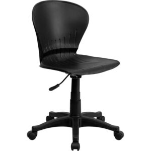 Complete your contemporary office setting or receptionist area with this mid-back black plastic task chair with nylon frame and swivel base. Boasting a contoured seat