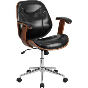 This office chair features a beautiful walnut bentwood frame with glossy black LeatherSoft upholstery and padded arms. LeatherSoft is leather and polyurethane for added softness and durability. The mid-back design is a practical choice in a multitude of settings. A mid-back office chair offers support to the mid-to-upper back region. This chair