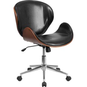 This office chair features a beautiful walnut bentwood frame with glossy black LeatherSoft upholstery. LeatherSoft is leather and polyurethane for added softness and durability. A mid-back office chair offers support to the mid-to-upper back region. The tilt lock mechanism rocks/tilts the chair and locks in an upright position while the tilt tension adjustment knob adjusts the chair's backward tilt resistance. The contoured backrest provides firm back support. Chair easily swivels 360 degrees to get the maximum use of your workspace without strain. The pneumatic adjustment lever will allow you to easily adjust the seat to your desired height. This chair is sure to make an impression and become the focal point in your office or home office.