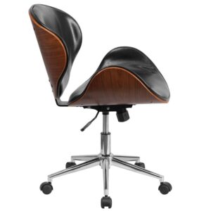 This office chair features a beautiful walnut bentwood frame with glossy black LeatherSoft upholstery. LeatherSoft is leather and polyurethane for added softness and durability. A mid-back office chair offers support to the mid-to-upper back region. The tilt lock mechanism rocks/tilts the chair and locks in an upright position while the tilt tension adjustment knob adjusts the chair's backward tilt resistance. The contoured backrest provides firm back support. Chair easily swivels 360 degrees to get the maximum use of your workspace without strain. The pneumatic adjustment lever will allow you to easily adjust the seat to your desired height. This chair is sure to make an impression and become the focal point in your office or home office.