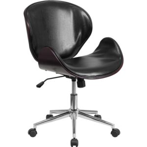 This office chair features a beautiful mahogany bentwood frame with glossy black LeatherSoft upholstery. LeatherSoft is leather and polyurethane for added softness and durability. A mid-back office chair offers support to the mid-to-upper back region. The tilt lock mechanism rocks/tilts the chair and locks in an upright position while the tilt tension adjustment knob adjusts the chair's backward tilt resistance. The contoured backrest provides firm back support. Chair easily swivels 360 degrees to get the maximum use of your workspace without strain. The pneumatic adjustment lever will allow you to easily adjust the seat to your desired height. This chair is sure to make an impression and become the focal point in your office or home office.