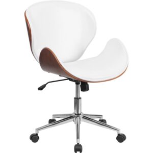 This office chair features a beautiful walnut bentwood frame with glossy white LeatherSoft upholstery. LeatherSoft is leather and polyurethane for added softness and durability. A mid-back office chair offers support to the mid-to-upper back region. The tilt lock mechanism rocks/tilts the chair and locks in an upright position while the tilt tension adjustment knob adjusts the chair's backward tilt resistance. The contoured backrest provides firm back support. Chair easily swivels 360 degrees to get the maximum use of your workspace without strain. The pneumatic adjustment lever will allow you to easily adjust the seat to your desired height. This chair is sure to make an impression and become the focal point in your office or home office.