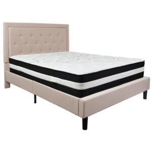 low profile platform bed with button tufting and embedded outline designed headboard. This upholstered bed frame has just enough character to enhance the look in your bedroom. The low frame will keep the bedroom feeling open and allow easy access to making up your bed. The frame features a center support leg and 15 wooden slats that are designed to support your mattress without the use of a box spring. The 12" pocket spring mattress provides superior motion isolation and supports the contours of your body. The interior make-up consists of pocket spring coils and foam. The mattress instantly starts expanding once you cut the plastic and will return to its original shape in 2 to 5 days. Get a wonderful night's rest on this platform bed and mattress set.