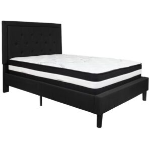 low profile platform bed with button tufting and embedded outline designed headboard. This upholstered bed frame has just enough character to enhance the look in your bedroom. The low frame will keep the bedroom feeling open and allow easy access to making up your bed. The frame features a center support leg and 15 wooden slats that are designed to support your mattress without the use of a box spring. The 12" pocket spring mattress provides superior motion isolation and supports the contours of your body. The interior make-up consists of pocket spring coils and foam. foam. The mattress instantly starts expanding once you cut the plastic and will return to its original shape in 2 to 5 days. Get a wonderful night's rest with this platform bed and mattress set.