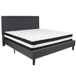 low profile platform bed with button tufting and embedded outline designed headboard. This upholstered bed frame has just enough character to enhance the look in your bedroom. The low frame will keep the bedroom feeling open and allow easy access to making up your bed. The frame features a center support leg and 15 wooden slats that are designed to support your mattress without the use of a box spring. The 12" pocket spring mattress provides superior motion isolation and supports the contours of your body. The interior make-up consists of pocket spring coils and foam. The mattress instantly starts expanding once you cut the plastic and will return to its original shape in 2 to 5 days. Get a wonderful night's rest on this platform bed and mattress set.