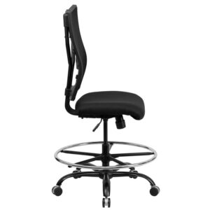 offering a broader seat and back width. The high back extends to the upper back for greater lumbar support. This draft chair is essential for any profession where work surfaces are above standard height