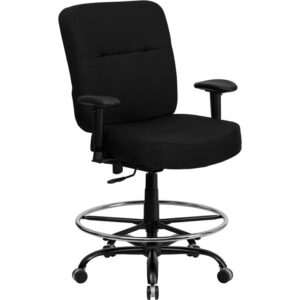 Draft chairs are essential for any profession where work surfaces are above standard height or for any job requiring employees to be at eye contact level with customers. This Big & Tall black fabric upholstered drafting chair is designed to accommodate larger and taller body types and has been tested to hold a capacity of up to 400 lbs.