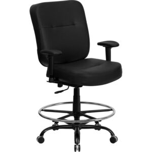 Draft chairs are essential for any profession where work surfaces are above standard height or for any job requiring employees to be at eye contact level with customers. This Big & Tall black LeatherSoft upholstered drafting chair is designed to accommodate larger and taller body types and has been tested to hold a capacity of up to 400 lbs.