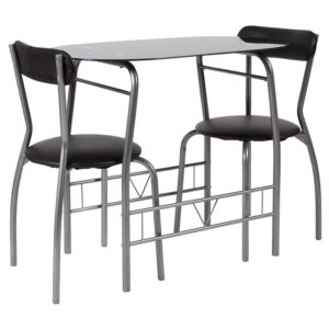 Complete your dining room or kitchen with some retro style flair when you bring home this table and chair set that will make you nostalgic for earlier times. Table features a black glass top that matches the chair's seat