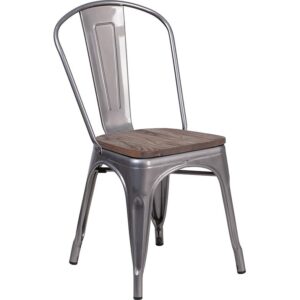 Instantly add an urban look and feel to your dining area with this clear coated stackable metal chair with vertical slat back and wood seat. This chair's curved