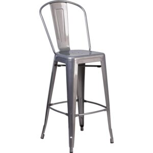 Instantly add an urban look and feel to your dining area with this clear coated metal bar stool with vertical slat back. This stool's curved