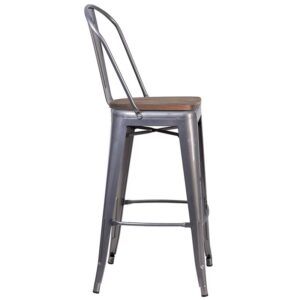 Bistro style bar stool will give your dining room or bar decor a refreshing rustic feel with its metal and wood features. This stylish metal stool features a curved back with a vertical slat and a cross brace under the seat for added support and stability. A wood seat adds comfort and beauty. The lower support brace doubles as a footrest