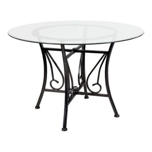 Building the perfect dining room is easier when you have a great foundation. Starting with an exquisite ornamental pedestal base this glass topped dining table is off to a phenomenal start. Crowned by a round